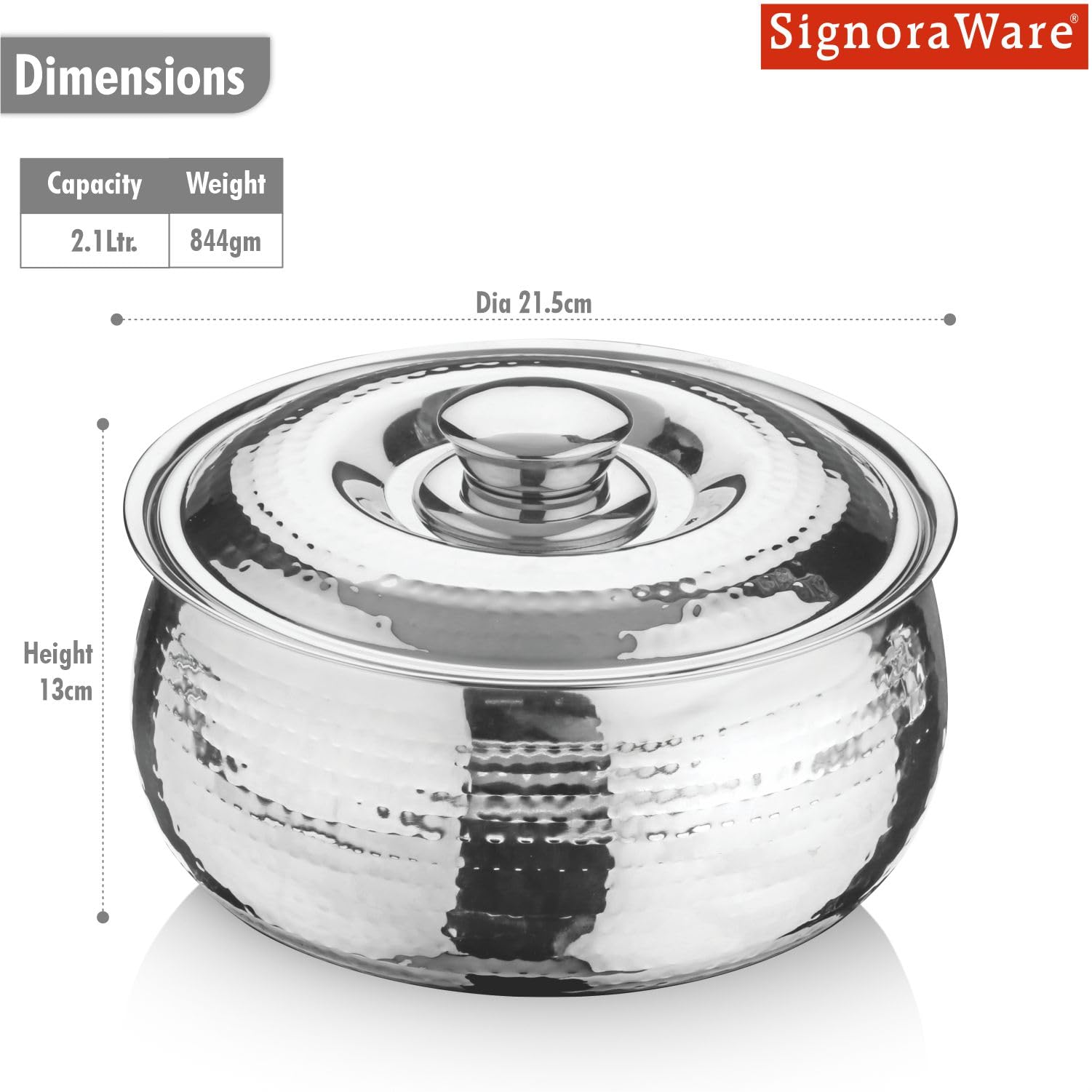 Signoraware Hot Delight Hammered Stainless Steel Casserole | Airtight Lid | Retain Freshness | Great For Travelling or Small Gatherings | Perfect For Hot Curry, Chapatti & Rice (2.1 Ltr | Steel) 1