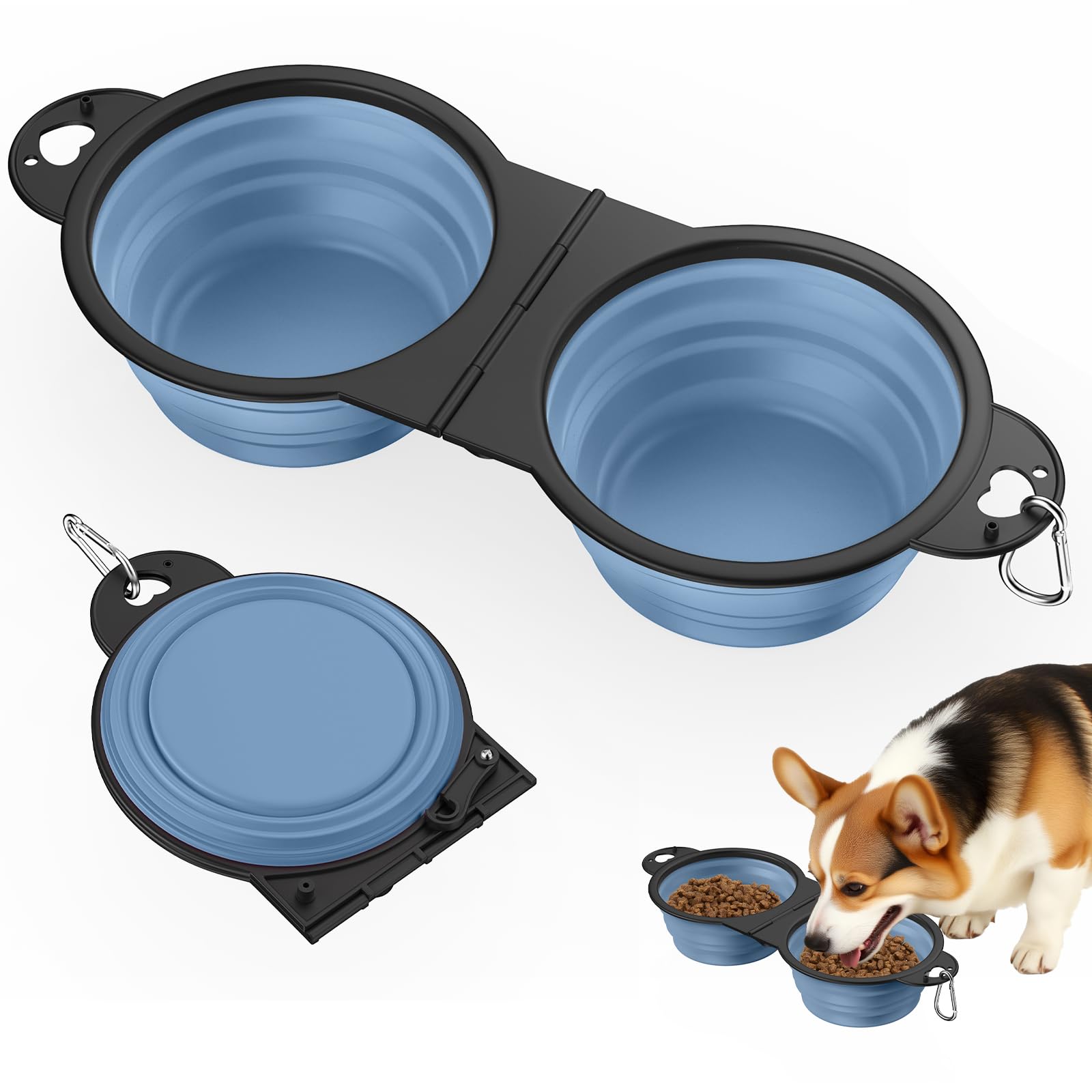 Pawaboo 2-in-1 Collapsible Dog Bowls, Dual Puppy Food and Water Bowls, 180° Flip Over Portable Silicone Dog Bowl with Metal Hook, 450ml Pet Travel Feeder Bowl for Walking Hiking Camping, Morandi Blue — image 1