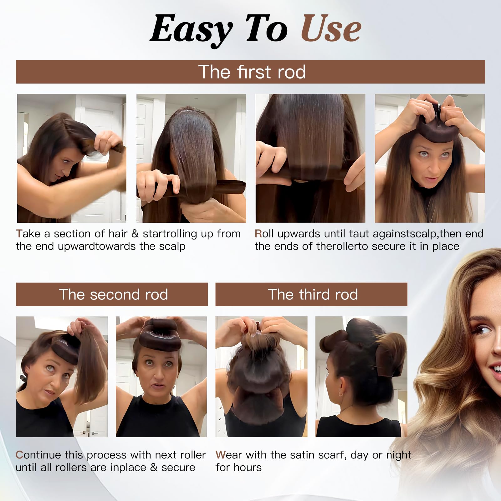 Heatless Curls Band,nowa lokówka do włosów na noc, 3 sztuki, overnight blowout loki bez wysokiej temperatury, do włosów średnich, długich włosów (brązowa)