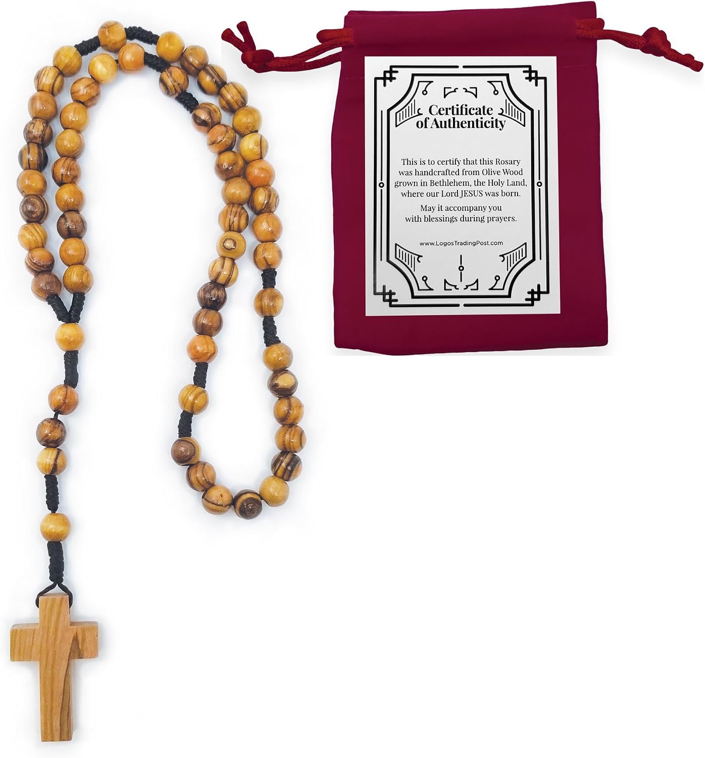 Certified Olive Wood Bulk Catholic Rosary Beads from Israel, Wooden Dangling Cross Pendant, Large Beads, For Men and Women, Baptism, First Communion, & Confirmation, Rosarios Catolicos