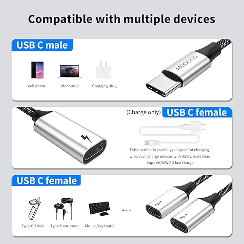 Miniatura 5 de USB C to USB C Female Adapter USB Splitter Y Cable,(NOT for Monitor) USB C Male to 3 USB-C Female Cord Converter,3 Port Hub Charger Power Split