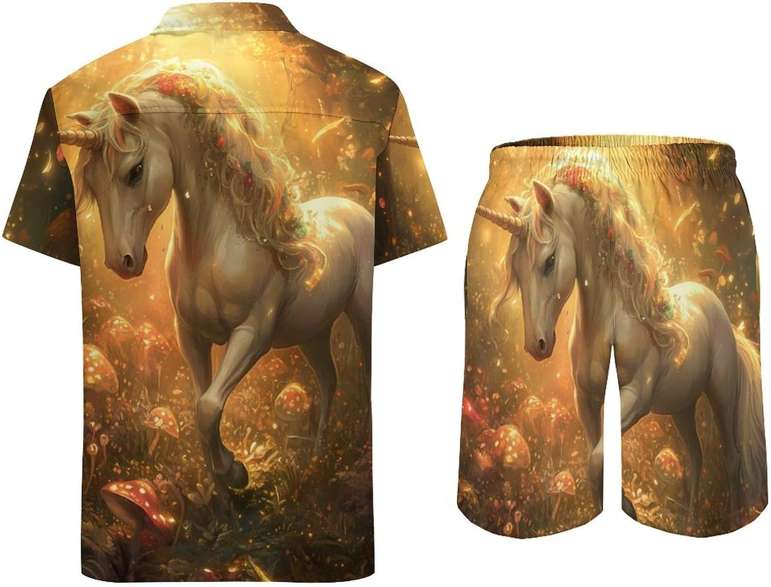 Fantasy Fairy Unicorm Men's Summer Beach 2 Piece Outfits | hawaiian button down shirt and shorts,vacation cruise,mens bathing suit