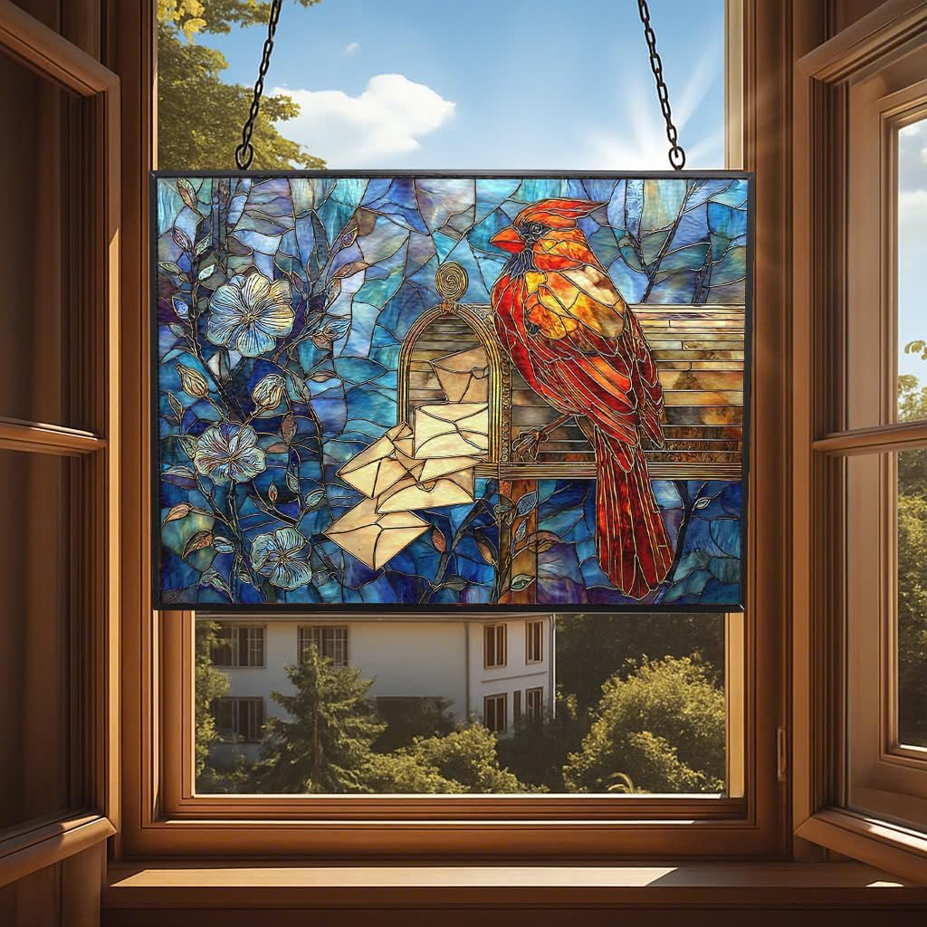 Customized Rectangle Nature Inspired Christmas Cardinal On Mailbox Suncatchers for Windows, Stained Glass Window Hangings,Hand-Painted Glass Panel Perfect for Home Décor