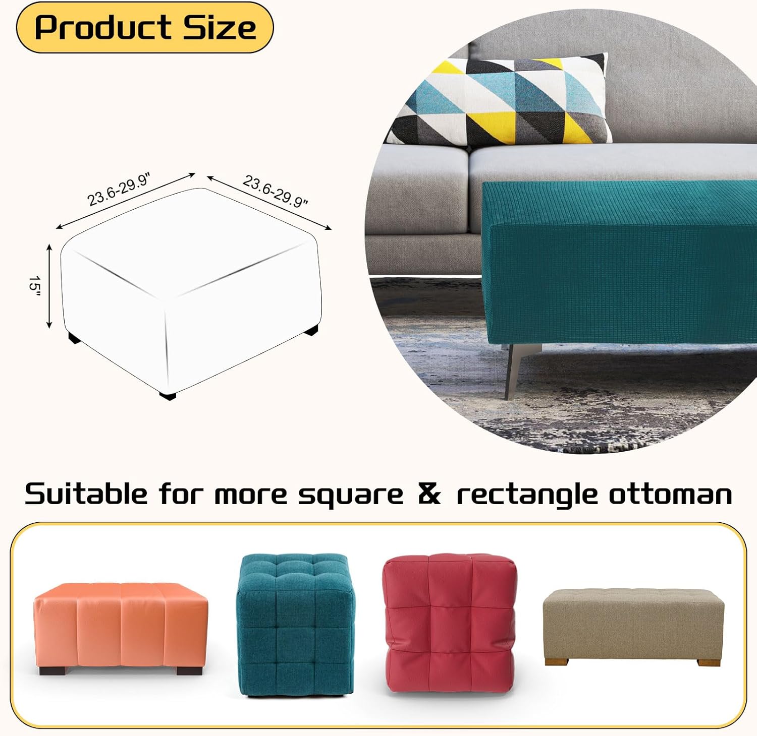 uxcell Ottomen Cover Square, Jacquard Ottomen Slipcover with Elastic Bottom, Stretchable Footrest Stool Covers for Living Room Furniture Protector (Cyan, Middle Size) Cyan Middle