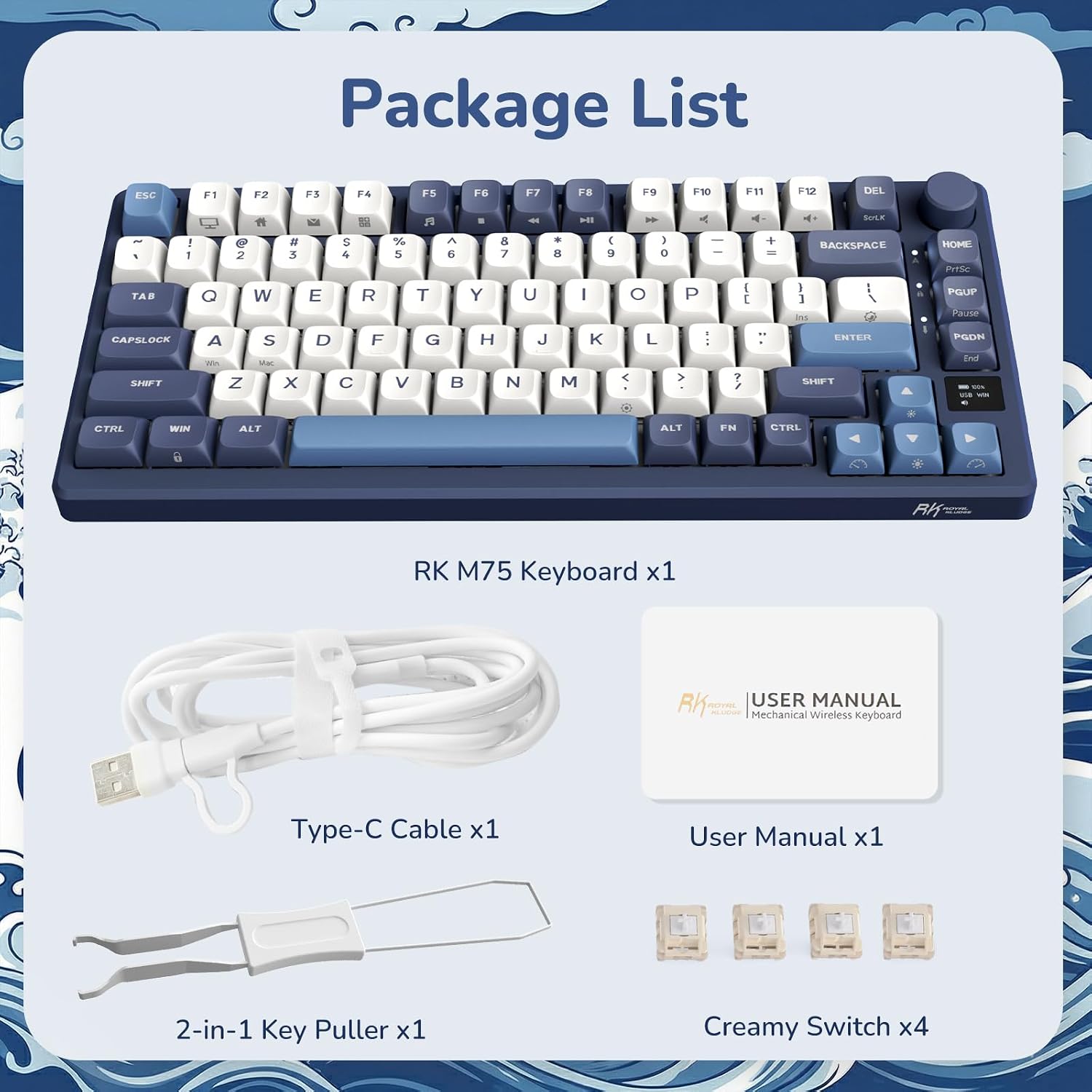 RK ROYAL KLUDGE M75 Wireless Mechanical Keyboard w/Screen and Volume Knob, 2.4G/USB-C/BT Gasket Mounted 75% Gaming Keyboard with 81 Keys, RGB Backlit Hot-Swap Creamy Switch, Blue