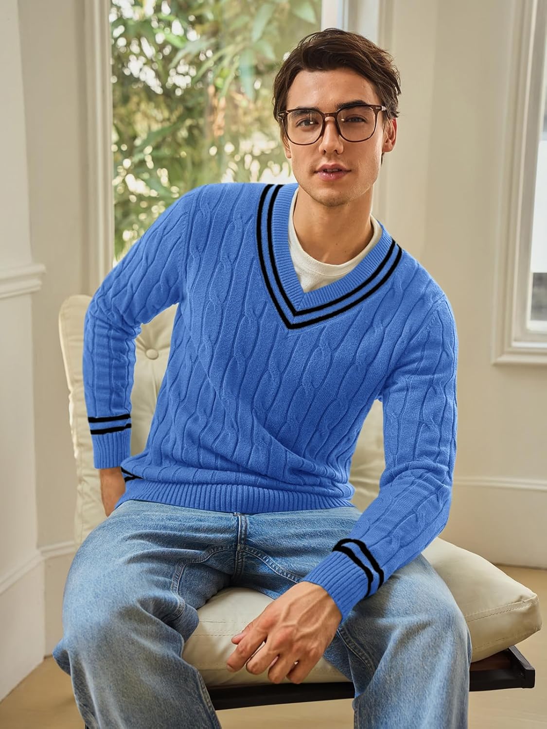 Runcati Mens V Neck Sweater Casual Cable Knit Slim Fit Pullover Long Sleeve Fall Winter Sweaters - Image 6