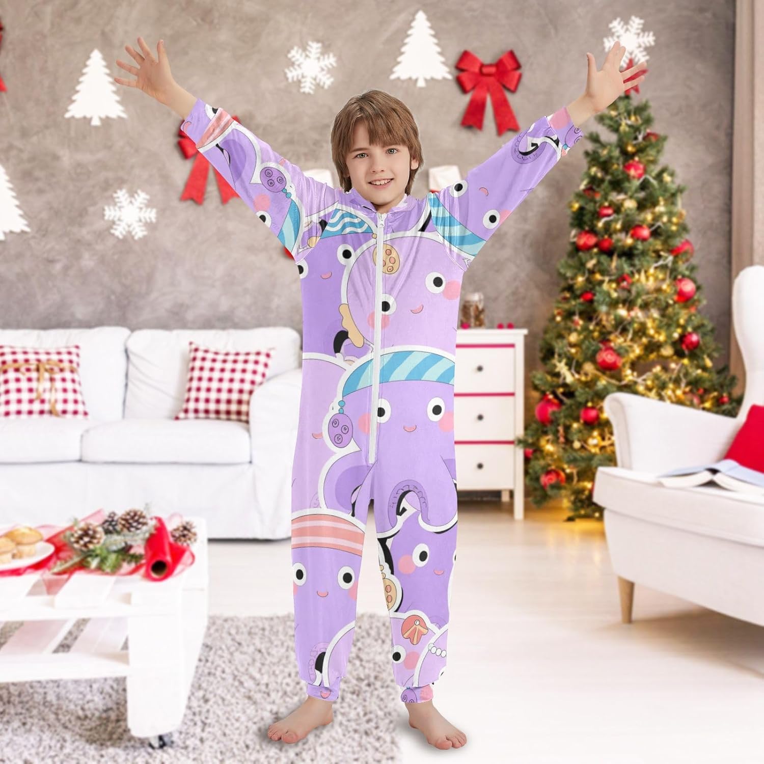 Pajama Zipper Hooded One-Piecing Loungewear Sleepwear for Parties Sleepovers 4-14Y