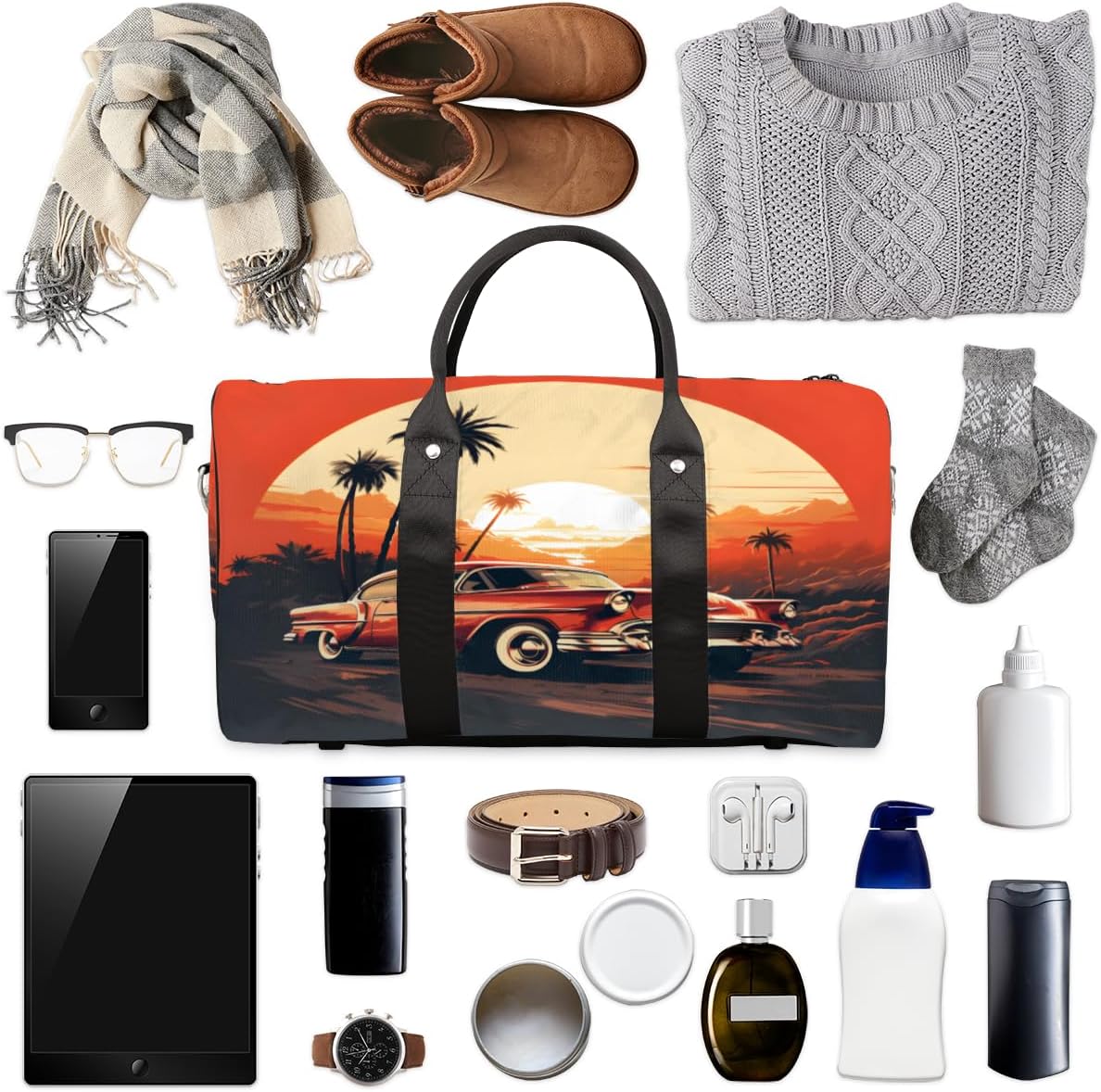 Sunset Car Coconut Tree Travel Duffel Bag for Women Men Large Capacity Overnight Weekender Bags for Lightweight Waterproof Sport Gym Bag for Workout Yoga Swim