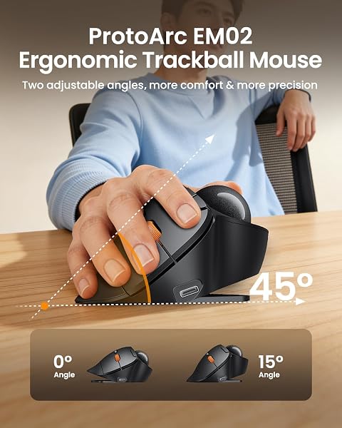 ProtoArc Wireless Bluetooth Trackball Mouse, EM02 Two Adjustable Angle Ergonomic Rechargeable Computer Ball Mouse, 3 Device Connection, Thumb Control and Smooth Tracking for Laptop, PC, Mac-Gray - 2