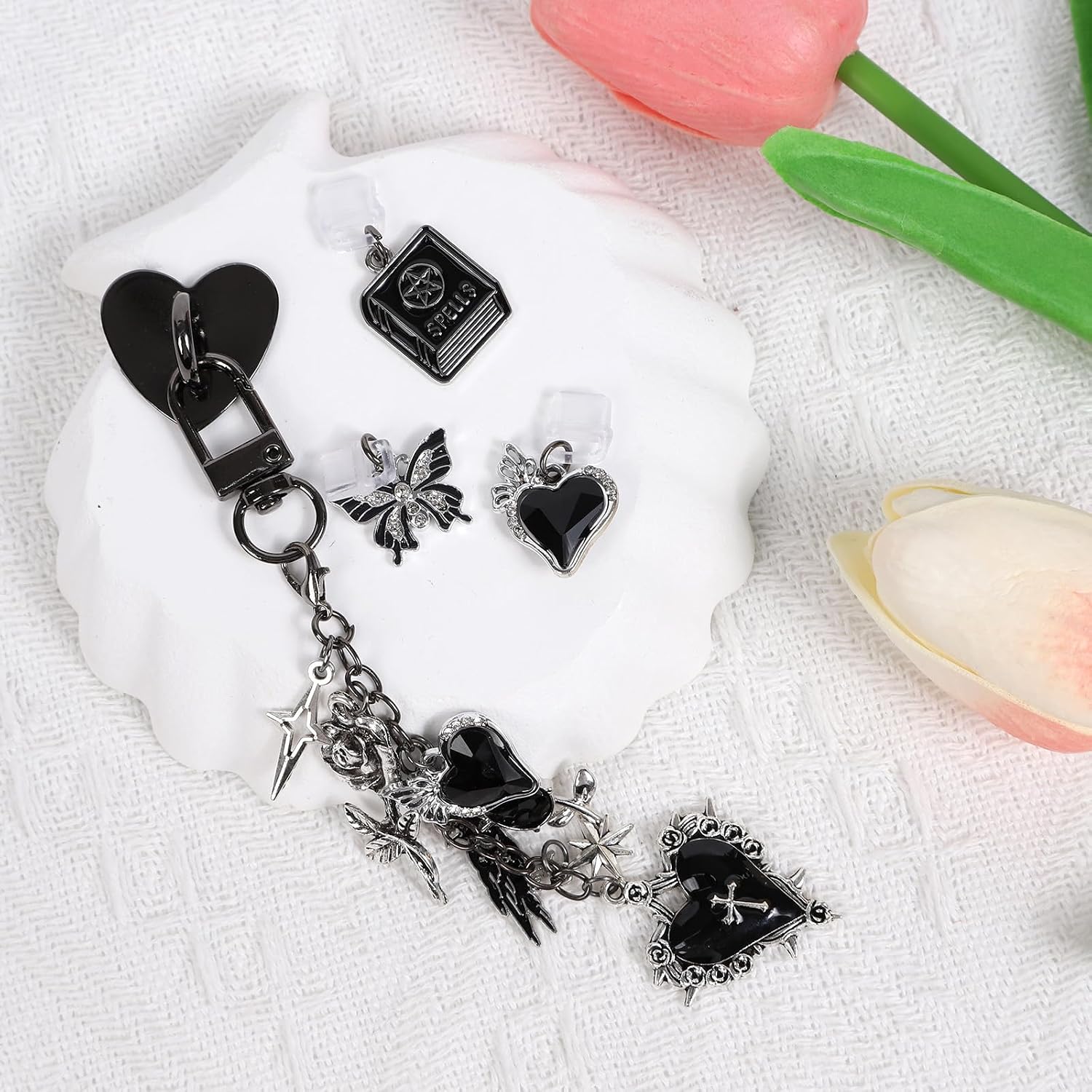Rngmsi Charms Chain Set for Kindle - 4 Pcs Gothic Heart Bat Dust Plug Charm Keychain Strap Charm with Hook Decorating Accessories for E-Reader Type C, Gifts for Women Reader Book Lovers image 5