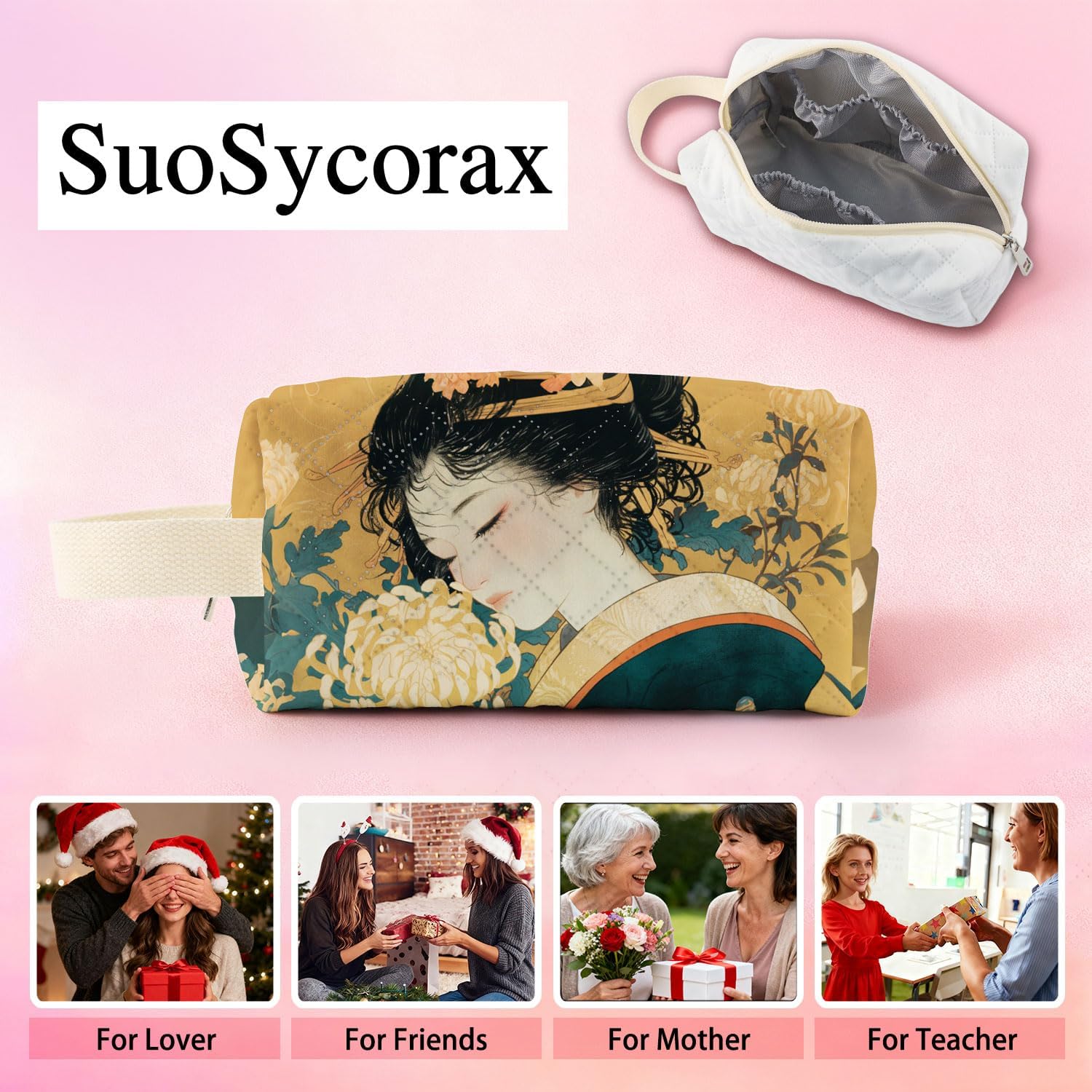 Japanese Geisha Printed Quilted Makeup Pouch for Women - Velvety Polyester Cosmetic Organizer w/Triple Compartments, Travel & Makeup Brush Holder -3