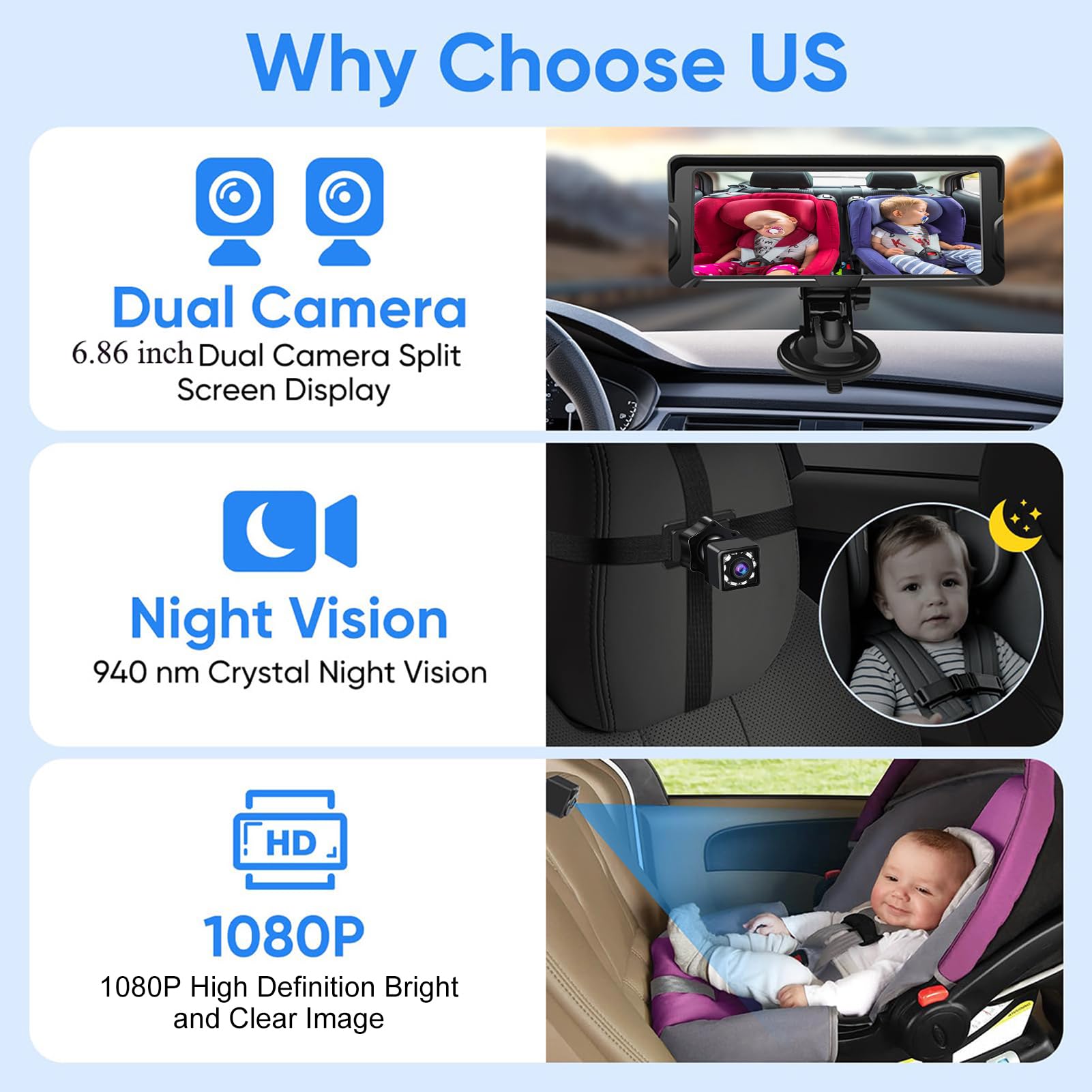 Shkalacar Cámara de coche para bebé, monitor de bebé de 6,86 pulgadas, 1080P, doble canal, con visión nocturna por infrarrojos y ángulo de visión amplio de 150°, para asiento trasero