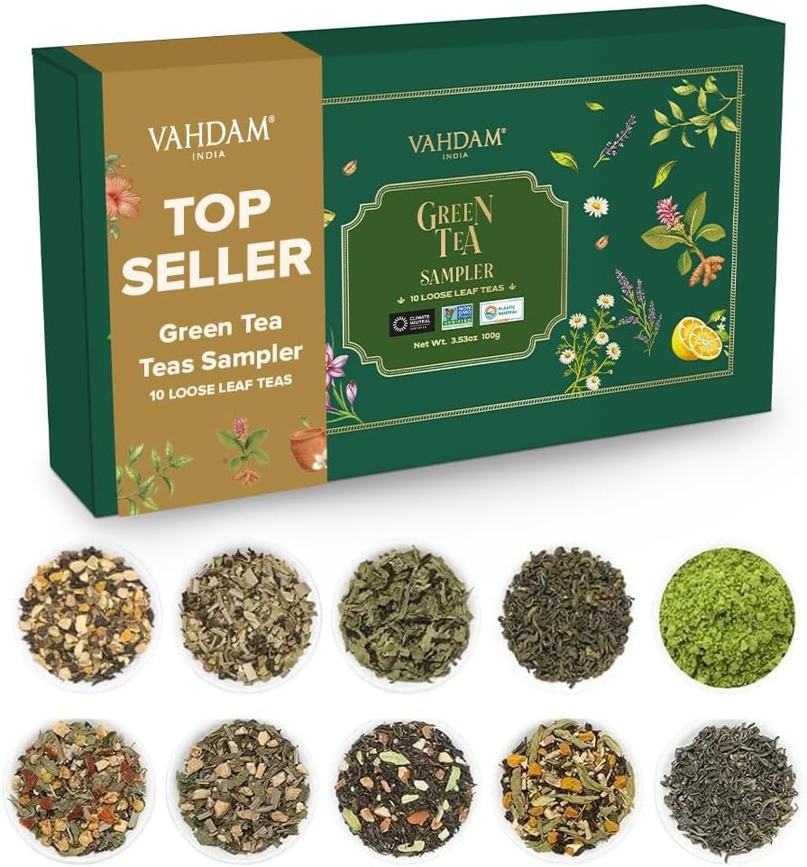 Assorted Green Tea Loose Leaf Tea Gift Set (10 Flavors) Gift Ideas for Women & Men | Exotic Himalayan Green Tea Blends | Resealable Ziplock Pouch | Gifts for Him/Her