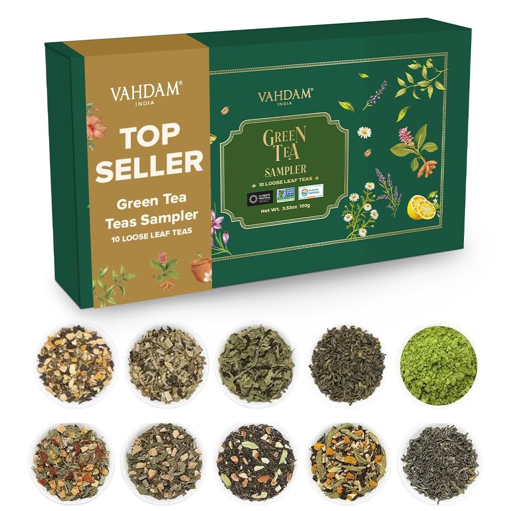 VAHDAM, Green Tea Sampler - 10 TEAS, 50 Servings | 100% Natural Ingredients | Detox Tea & Weight Loss | Brew Hot or Iced | Green Tea Loose Leaf | Tea Variety Pack | Green Tea Collection