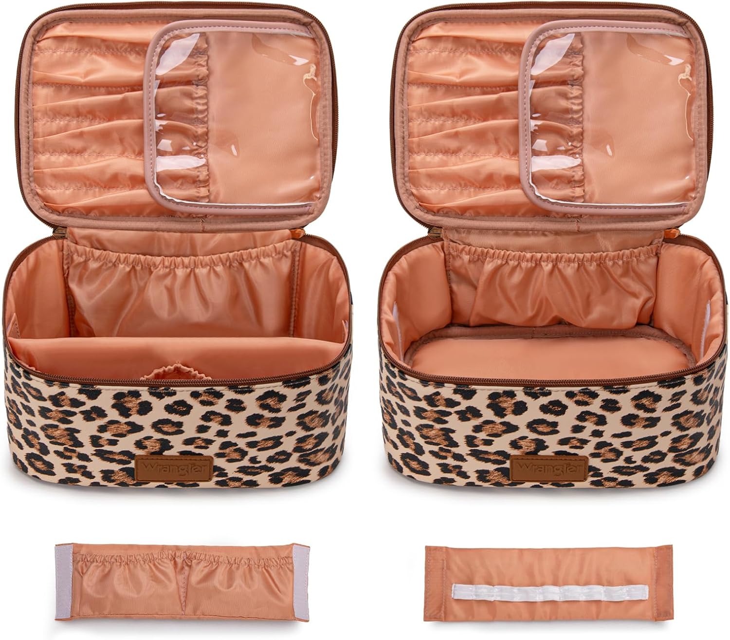 Montana West X Wrangler Travel Makeup Bag 2pcs Set Large Cosmetic Bag with Makeup Brush Holder Portable Make Up Organizer Cute Toiletry Bag with Divider and Handle for Women Leopard - Image 7