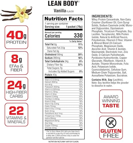 Miniatura 4 de Lean Body MRP All-In-One Vainilla Meal Shake de repuesto. Mezcla de 1.41oz de proteínas de suero de leche, 0.28oz de grasas saludables y fibra, 22