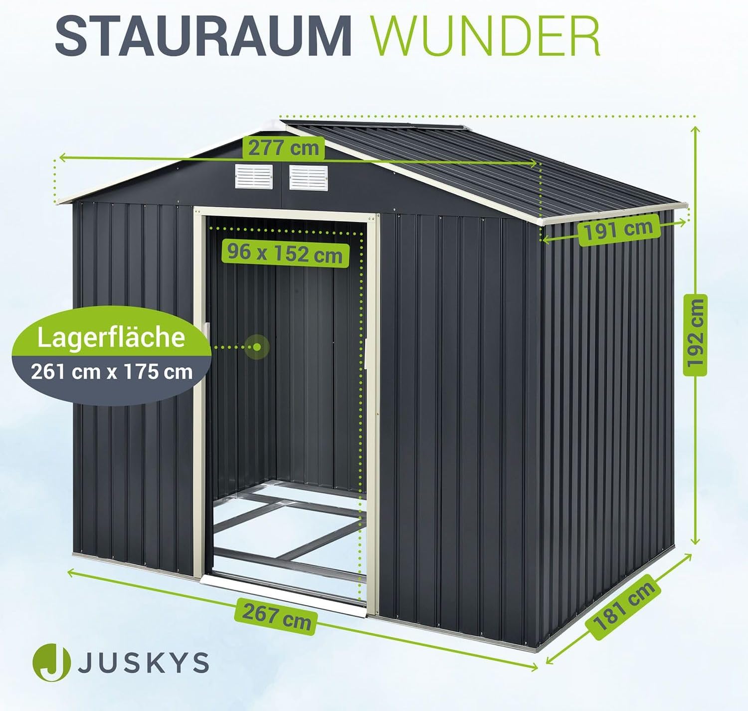 Diagram showing the dimensions of the Juskys Metal Garden Shed XL, including length, width, height, and door opening size.