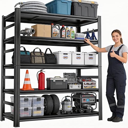 Miniatura 21 de Estantería de metal para garaje, estantes de almacenamiento de acero resistente, capacidad de 3000 libras, estante de metal ajustable de 5 niveles,