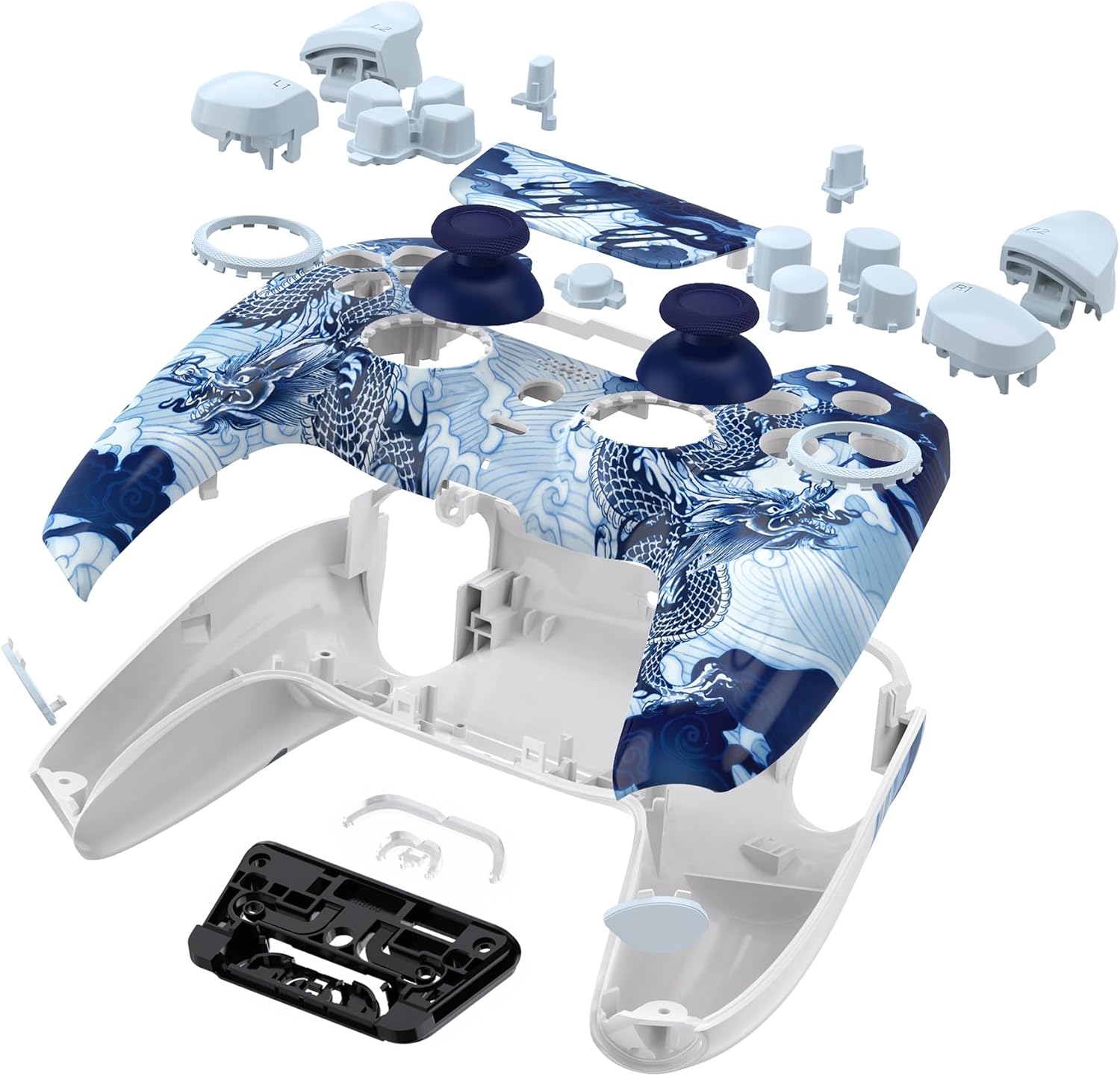 eXtremeRate Luna Redesigned Full Set Shell Buttons Touchpad Cover Compatible with ps5 Controller BDM-030 BDM-040 BDM-050, Porcelain Dragon Replacement Top Bottom Cover Compatible with ps5 Controller