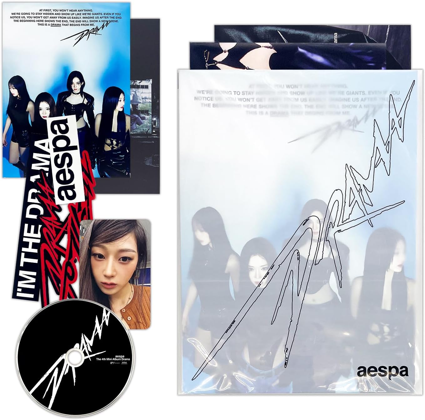 aespa - 4th Mini Album [DRAMA] (Drama Ver.) Photo Book 1 + Photo Book 2 + Sticker + CD-R + Photocard + Group Poster + Individual Poster + 2 Pin Badges + 4 Extra Photocards