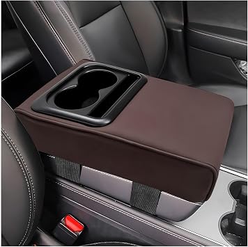 Car Center Console Armrest Pillow, Memory Foam Auto Armrest Box Cover with Cup Holder & Phone Holder, Waterproof Leather Arm Rest Protector Cushion, Interior Car Accessories Coffee
