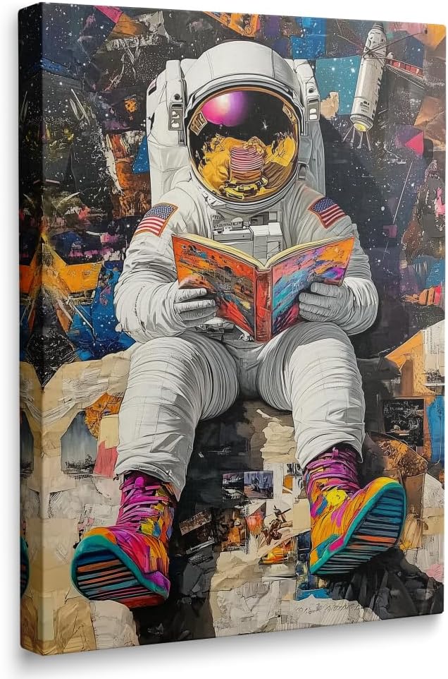 Astronaut Reading Book in Space Canvas Wall Art Framed Print Painting Colorful Sneaker Whimsical Galaxy Wall Decor Artwork Poster Surreal Pop Art for Kids Bedroom Office Modern Decor 12x16 Inches
