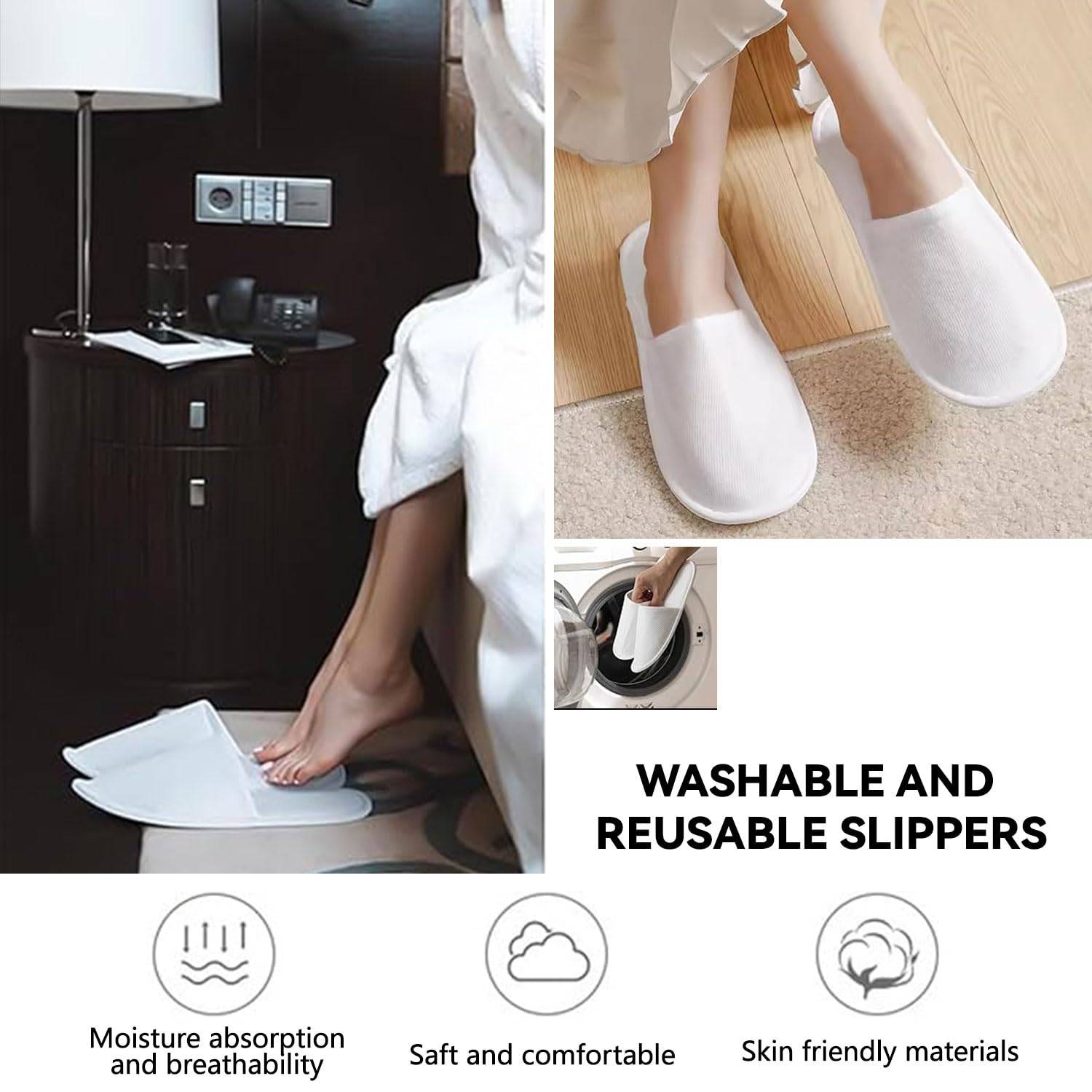 Pantofole Usa e Getta Antiscivolo, Pantofole Chiuse, Pantofole in Spugna Premium, Ciabatte Monouso per Hotel, Spa, Casa, Viaggi, Feste, Famiglie, Unisex, Lavabili, Misura Universale, 2 Paia (Bianco)