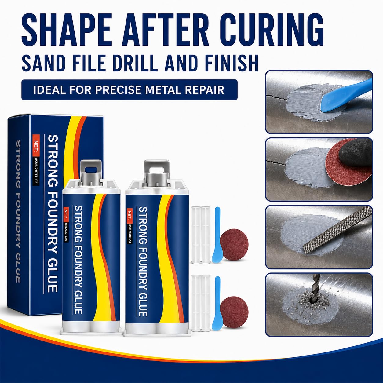 Metal Repair Glue for Steel Aluminum and Iron 2PCS 85ml Strong Foundry Glue for Casting Cracks Holes and Defects High Temperature Resistant Welding Glue, Two-Part Epoxy Metal Filler