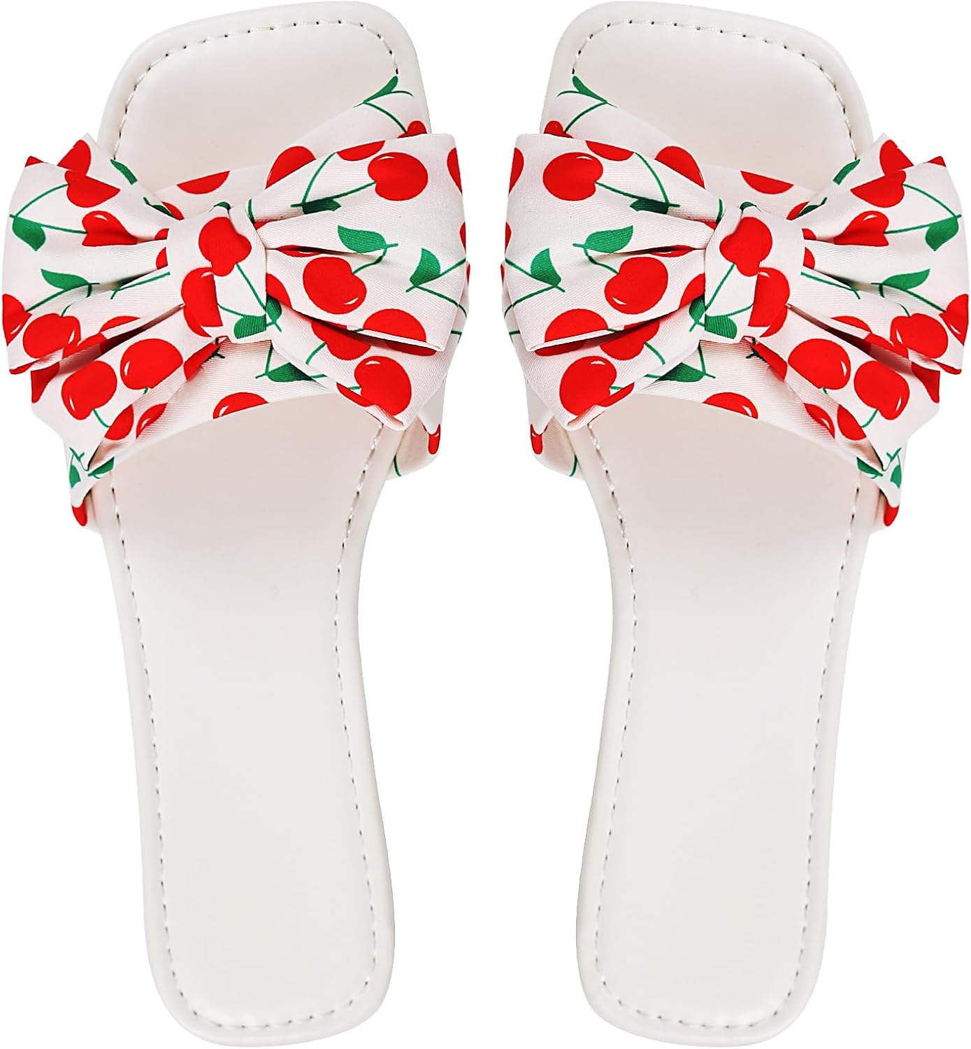 Women's Bow Slippers Cute Cherry Print Flat Slides Soft Breathable Lightweight Casual Summer Slippers Indoor Outdoor Beach Sandals for Women