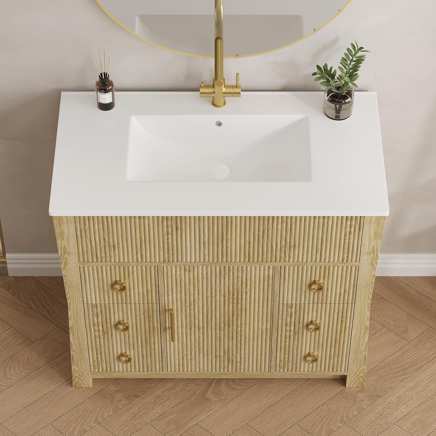 Yanosaku 36" Bathroom Vanity with Sink and Drain Pipe, Freestanding Fluted Bathroom Sink Cabinet with 4 Drawers & 1 Door, Farmhouse Vanity Sink Cabinet for Bathroom, Natural Oak