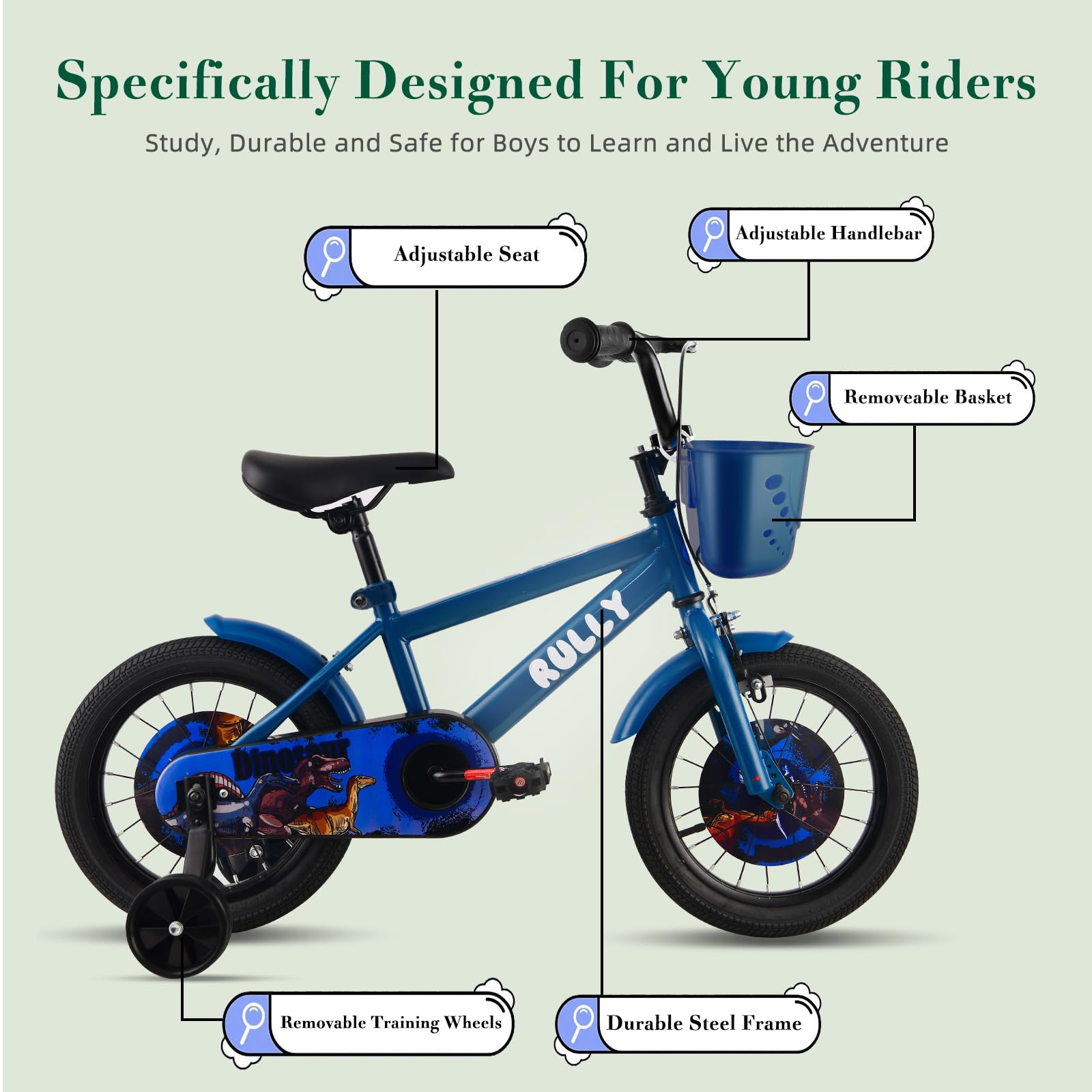 RULLY Dinosaur Kinderfahrrad für Jungen von 2-7 Jahren, 12, 14, 16 Zoll BMX-Stil Kinderfahrräder mit Stützrädern, Kinderfahrrad für Kleinkinder