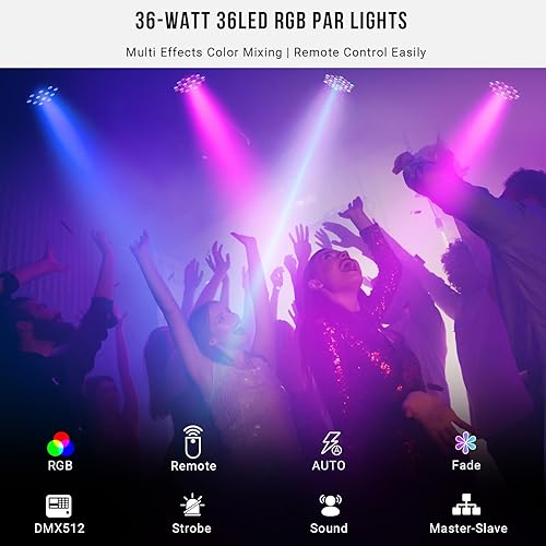 Miniatura 2 de Luces Par de 36 LED alimentadas por batería, RGB de 36 W, paquete de 2 luces activadas por sonido, reproducción automática por control remoto DMX