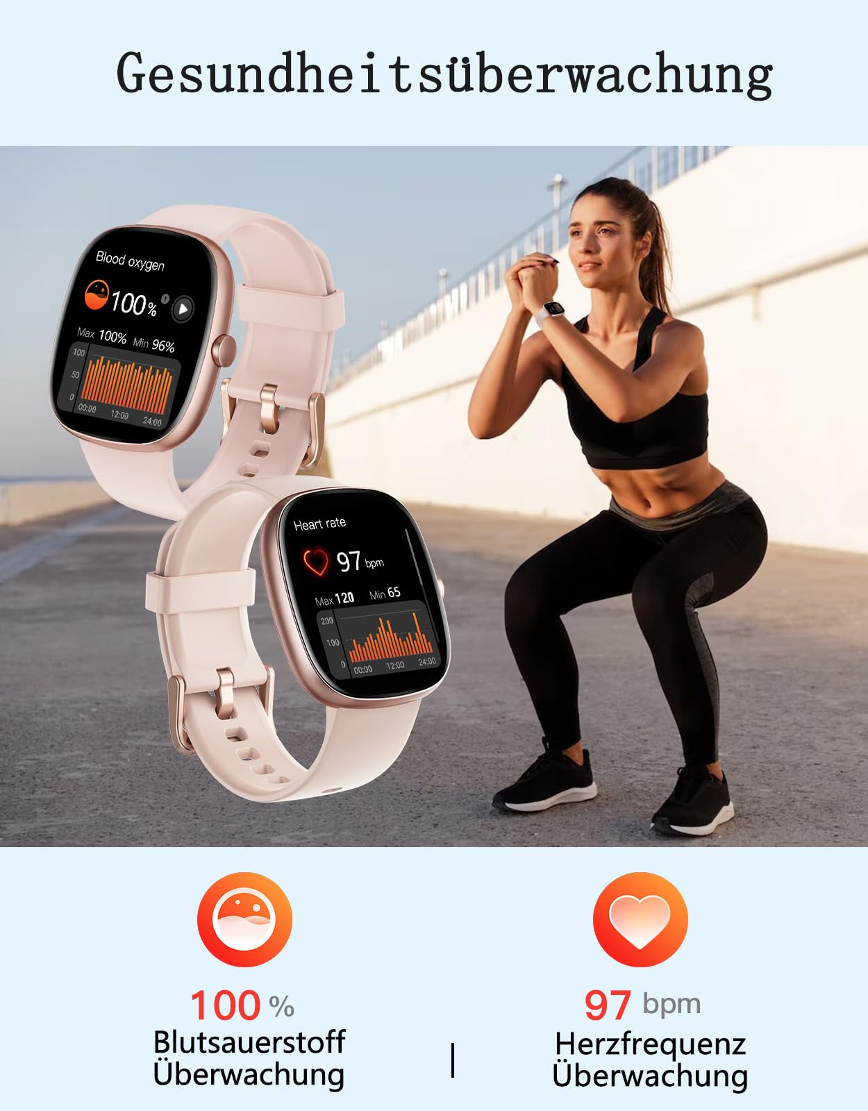 Smartwatch Damen mit Telefonfunktion,1.85" Smart Watch mit 24/7 SpO2/Herzfrequenz/Schlafmonitor/ Schrittzähler 100+Sportmodi,IP68 Wasserdicht Fitnessuhr Whatsapp Benachrichtigen für Android iOS Handy