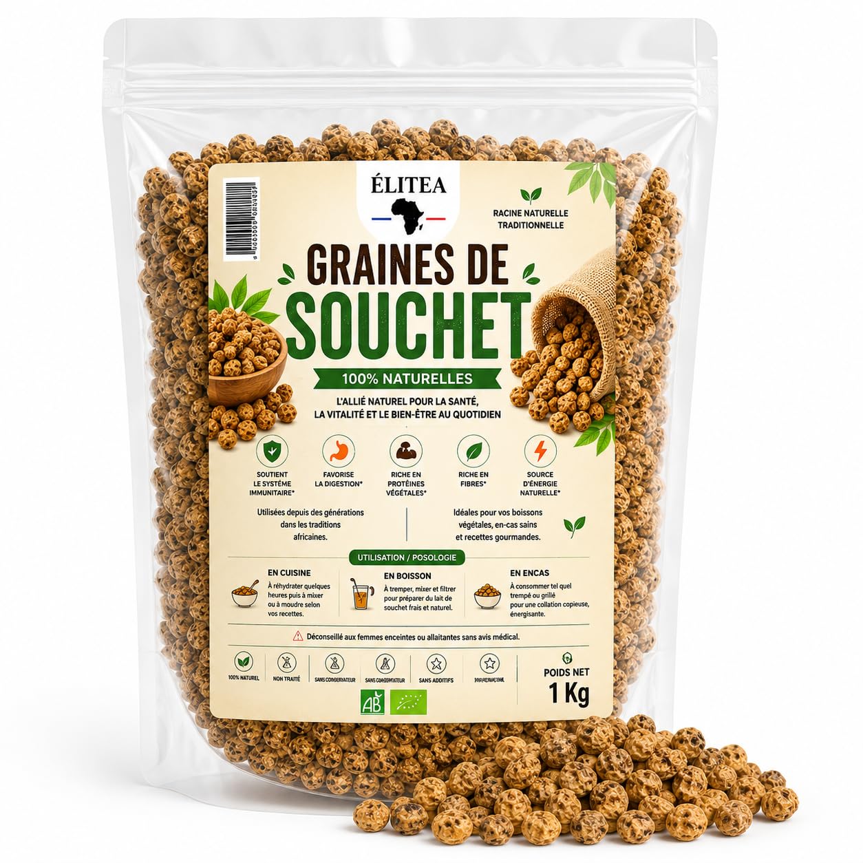Elitea – Souchet en Grain 1 Kg – 100% Naturel – Riche en Fibres, Fer & Magnésium – Énergie Naturelle – Idéal pour Horchata, Smoothies, Desserts & Recettes