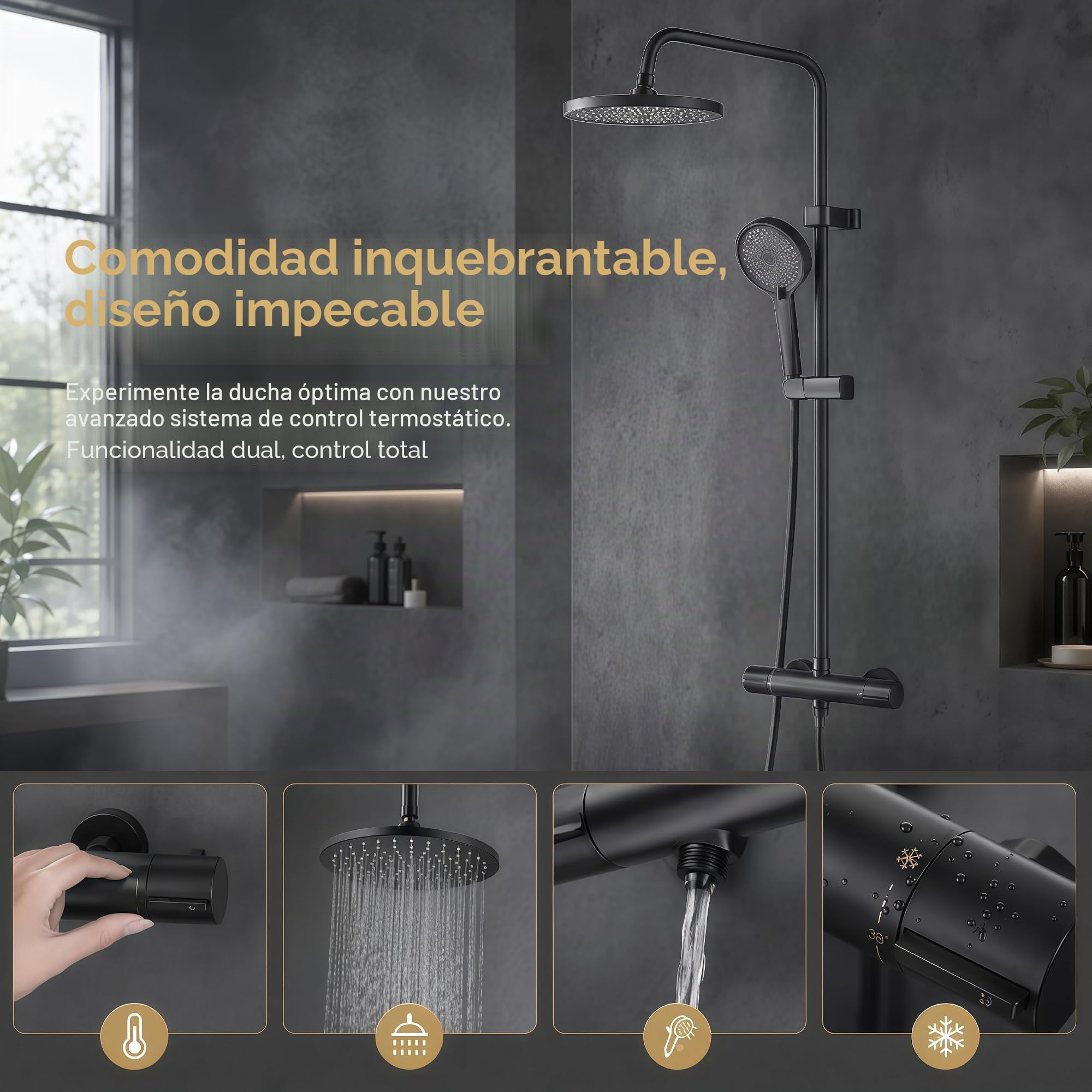 Grifos de Ducha Termostáticos 38 ℃ Termostato de Ducha de Bañera Negro Inferior G 1/2 "Superior 3/4"BSP Grifo de Ducha de dos Salidas Grifo de Ducha Termostático Cromado de Latón