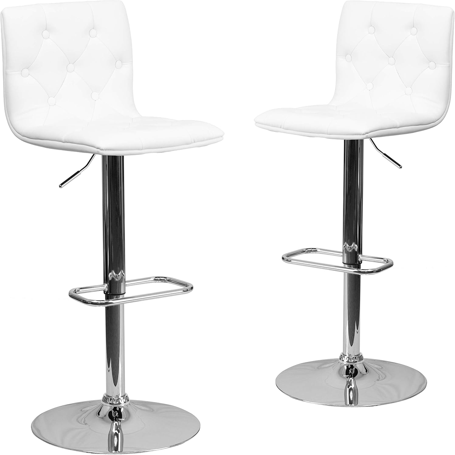 Flash Furniture Sammie 2 Pack Contemporary Button Tufted White Vinyl Adjustable Height Barstool with Chrome Base White Set of 2