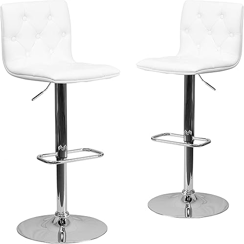 Flash Furniture Sammie - Juego de 2 taburetes de bar contemporáneos de vinilo blanco copetudo con altura ajustable con base cromada