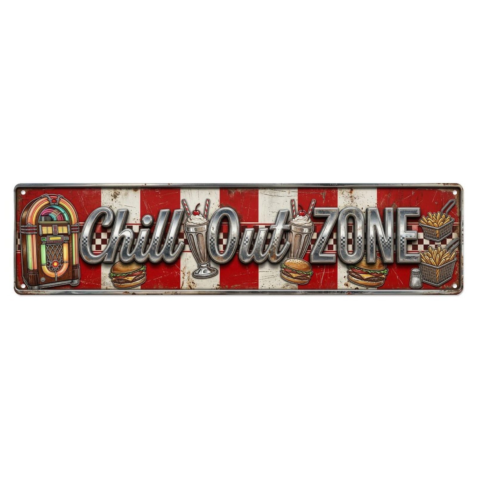 Chill Out Zone Aged Diner 2 Metal Tin Skinny Sign Plaque Wall Decor for Cafe, Club Bar, Office, Home Garden Metal Poster 4x16Inch