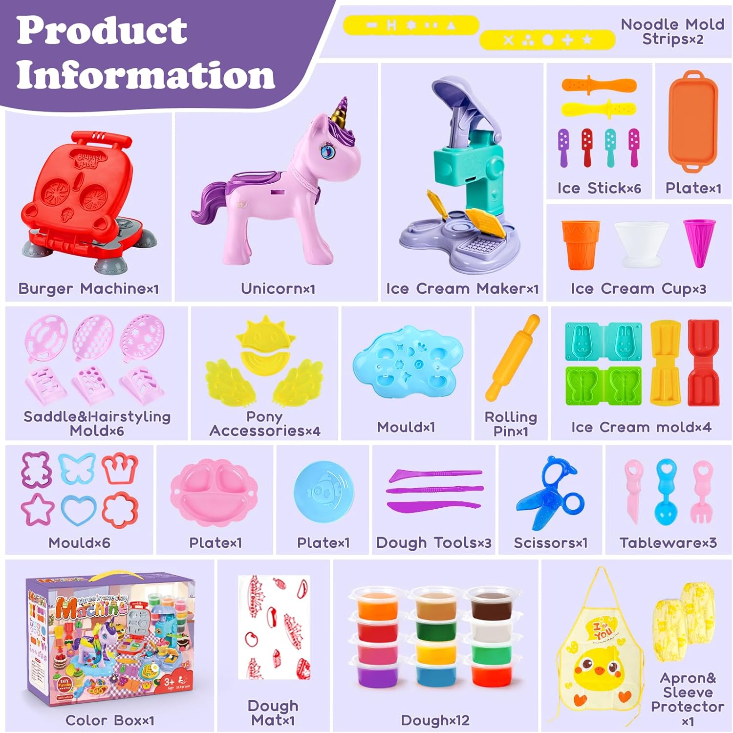 Aprilwolf 60 PCS 3 in 1 Dough Sets for Kids Ages 3-4-8, Art Crafts Dough Tools Kit, Unicorn Hair Stylist, Ice Cream Playset Hamburger Maker Machine, Kitchen Creations Food Play Toys Boys Girls