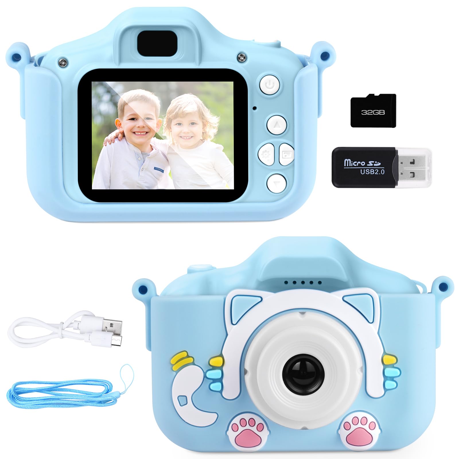 Ainiv Kids Camera, Digital Camera with Cute Cat Blue Protective Case, Boys and Girls Gifts, 32GB SD Card, 2.0 Inch IPS Screen 1080P Video Camcorder - Blue