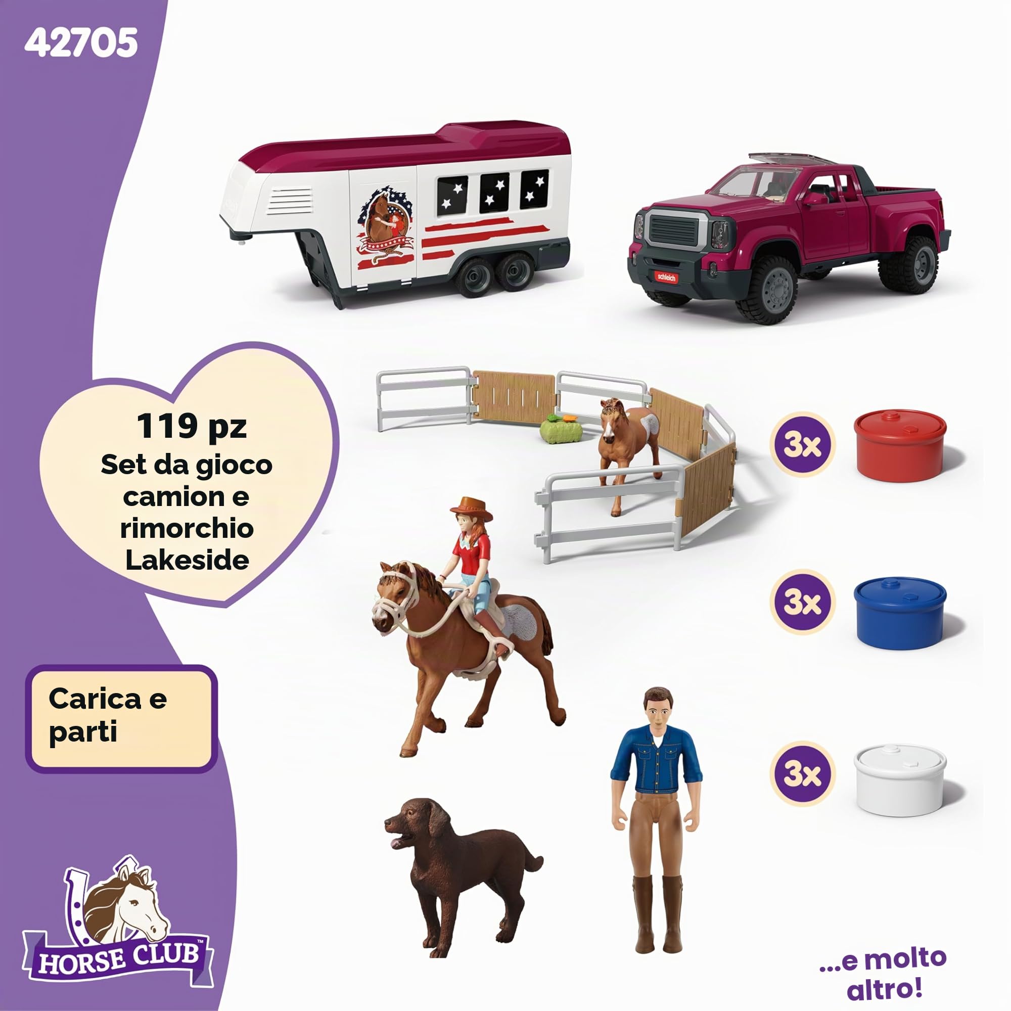 schleich Horse Club | Camion Lakeside con rimorchio 42705 | dai 5 Anni | Set con camion, rimorchio, cavalli, personaggi e accessori | gioco a tema cavalli e regalo per bambini dai 5 anni | set da 11