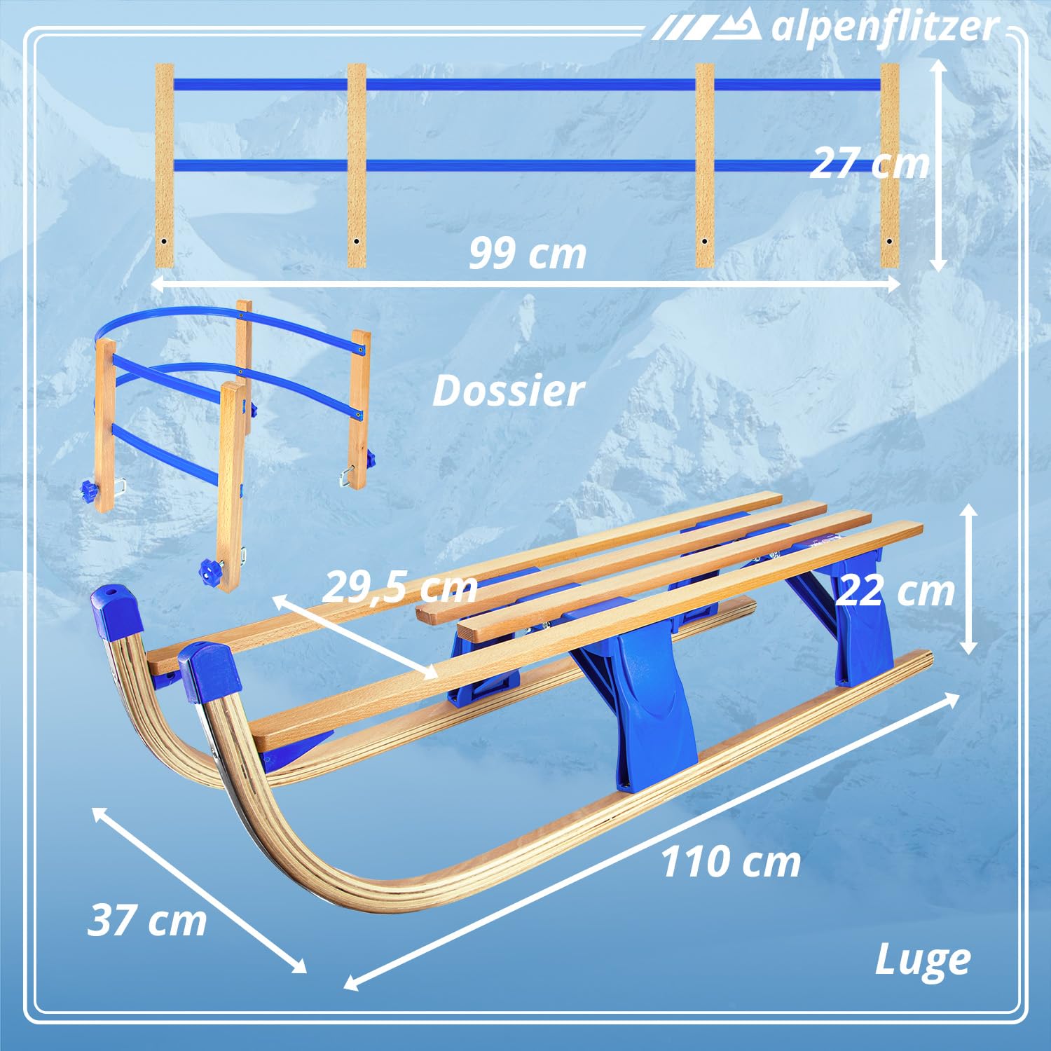 Luge en Bois avec Dossier Luge Davos 110 cm Luge Pliable pour Enfants ; Luge Pliante en Bois de hêtre Haut de Gamme