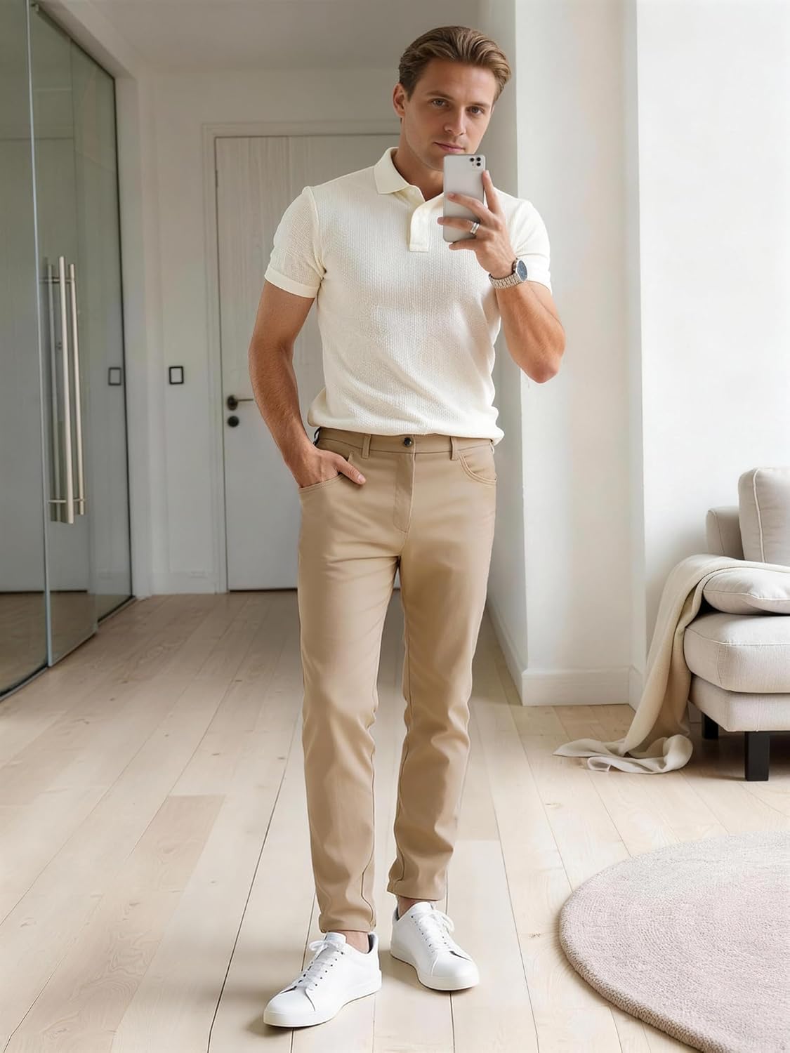 PLEPAN Men's Slim Fit Stretch Dress Pants 5 Pocket Comfort Slacks Tapered Trousers with Expandable Waist - Image 3