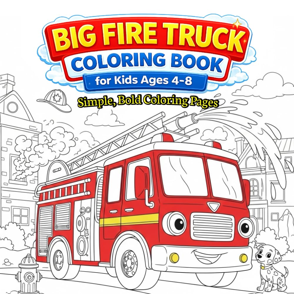 Big Fire Truck Coloring Book for Kids Ages 4–8: Simple and Bold Fire Engine Coloring Pages for Preschool, Kindergarten and Early Elementary Boys and Girls