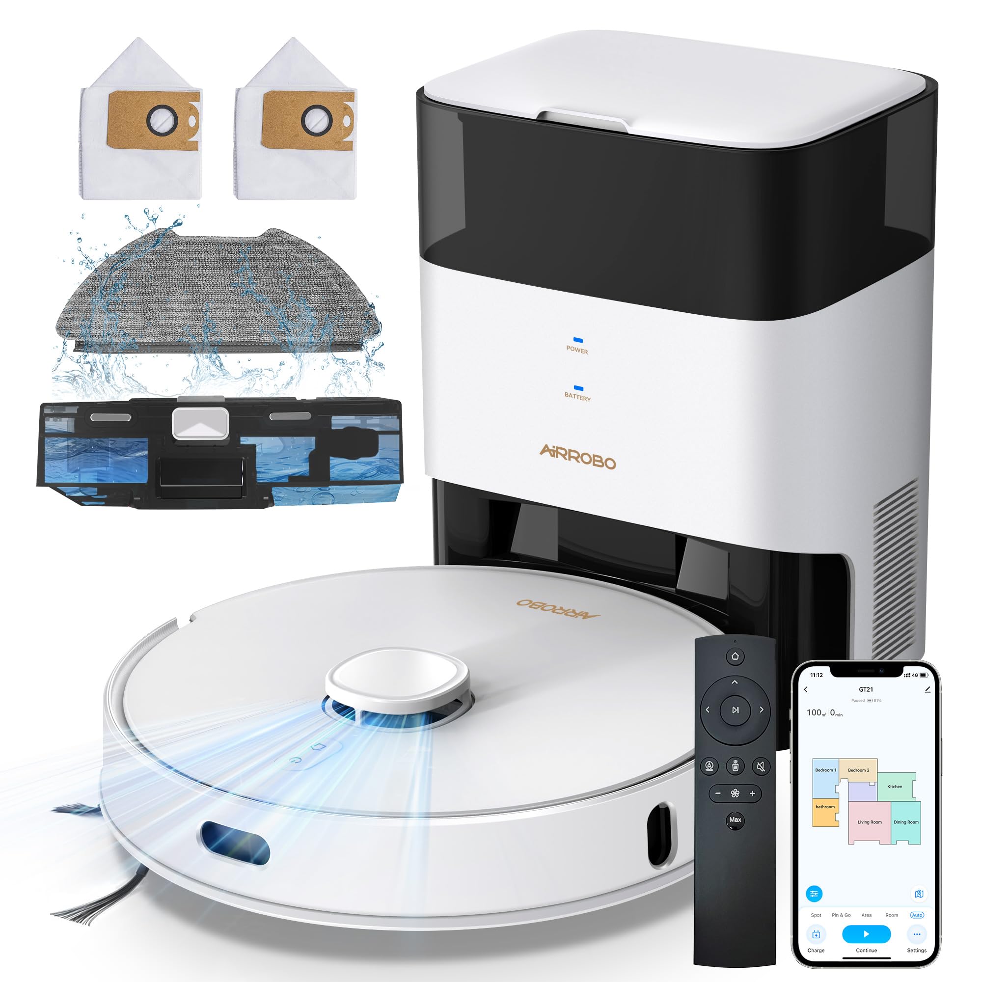 AIRROBO GT21 Robot Aspirador y Fregasuelos con Mopa, Robot-Aspirador con 3.5L Base de Autovaciado, Navegación láser, Inteligencia Artificial, Evita Objetos, 180 min Autonomía, Control App/WiFi