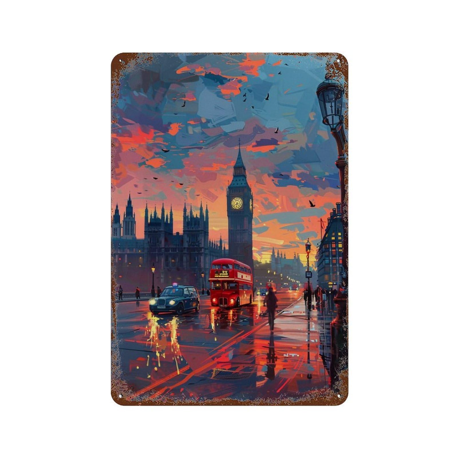 London Sunset Reflections Distressed Metal Wall Sign 11.8"x7.9", Shabby Chic Decor for Garage, Pub Or Kitchen