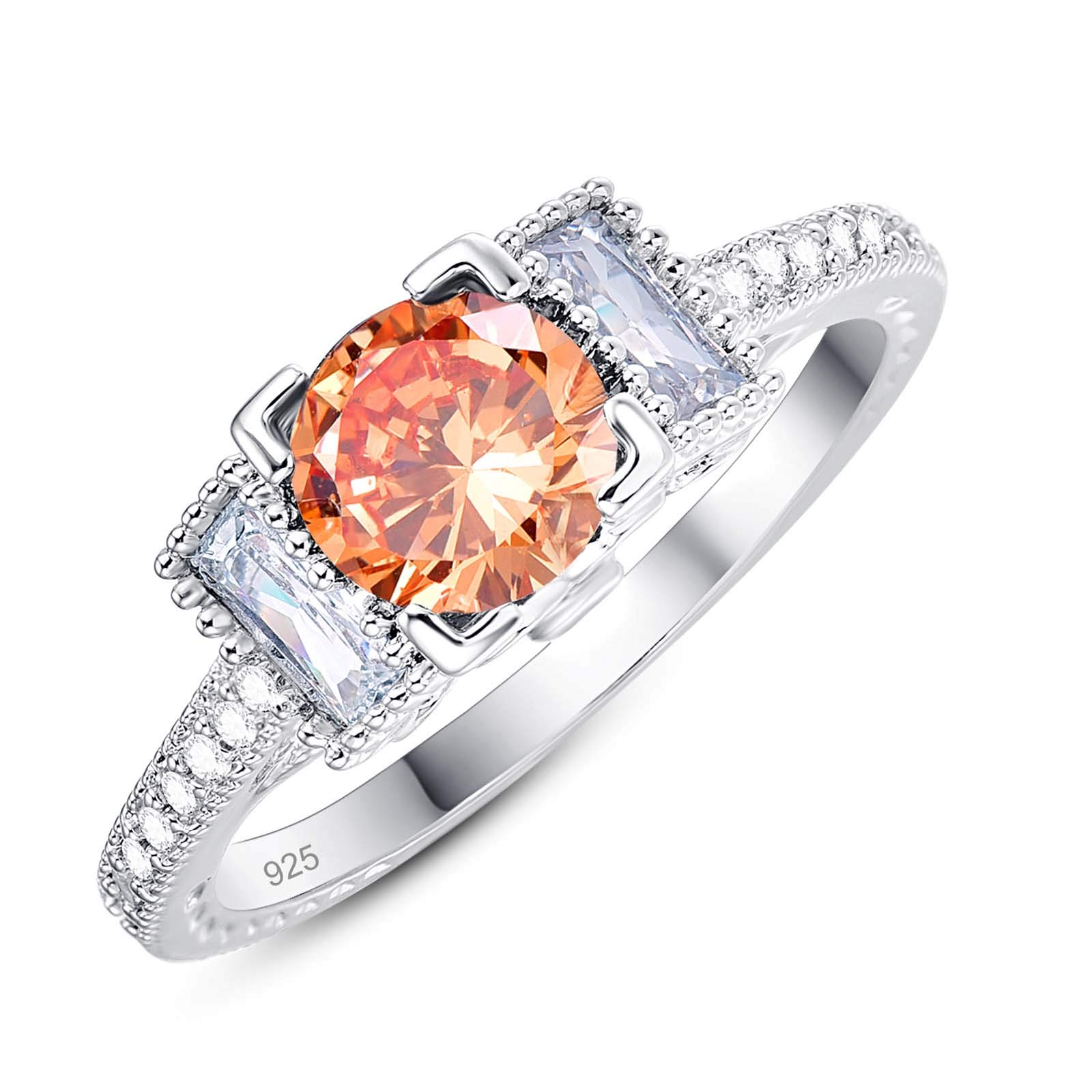 Emsione 925 Sterling Silver Plated Created Morganite Round Cut Pave Eternity Promise Ring Engagement Wedding Bands for Women Size 7