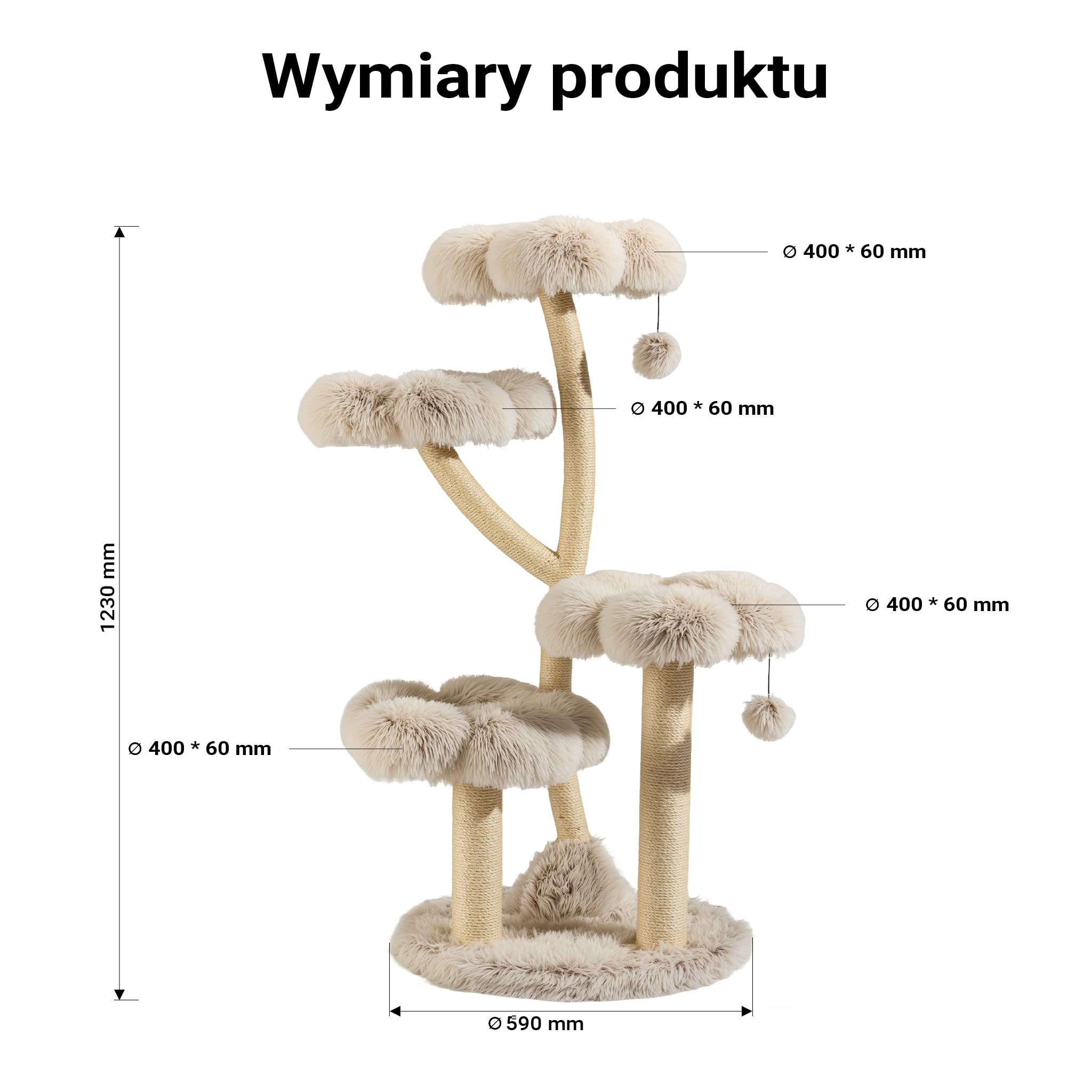 Fudajo Drapak dla kota designerski 59 x 59 x 123 cm, koci domek z pluszem i sizalem, drzewko dla kotów, z piłeczkami do zabawy