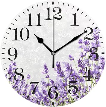 ALAZA Home Decor Watercolor Lavender Flower Round Acrylic 9.84 Inch Wall Clock Non Ticking Silent Clock Art for Living Room Kitchen Bedroom