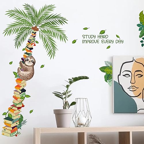 Miniatura 2 de Vinilo decorativo de pared con diseño de perezoso y plantas de árbol de libro, lindo perezoso que sube al árbol, papel tapiz de vinilo extraíble